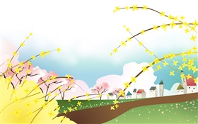 Spring, yellow flowers, houses, vector design HD wallpaper