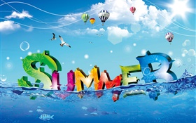 Summer, creative design, colorful, water, fish, birds, balloons HD wallpaper