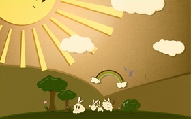 Sun, rabbit, rainbow, art design HD wallpaper