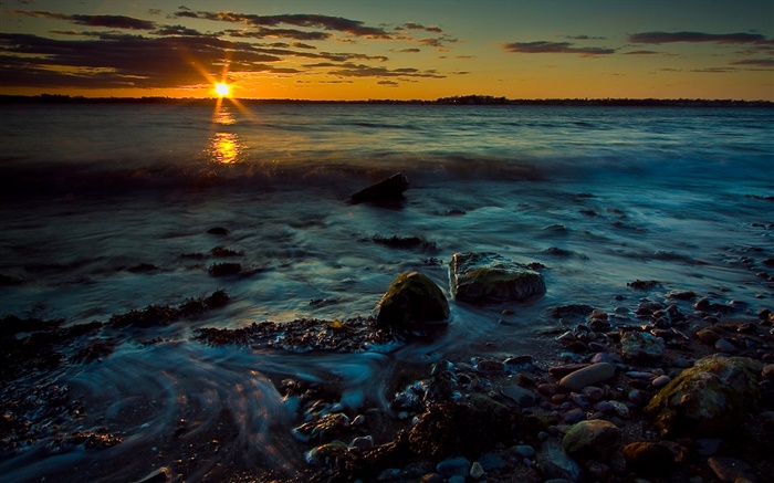 Sunset, dusk, sea, stones, coast Wallpapers Pictures Photos Images