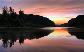 Sunset, river, trees, red sky, water reflection HD wallpaper