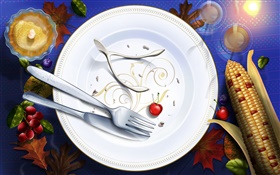 Thanksgiving pictures, art paintings, dishes, knives, forks, cherry HD wallpaper