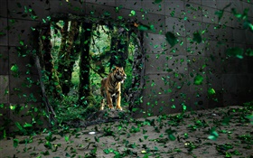 Tiger in the forest, green leaves flying, creative pictures HD wallpaper