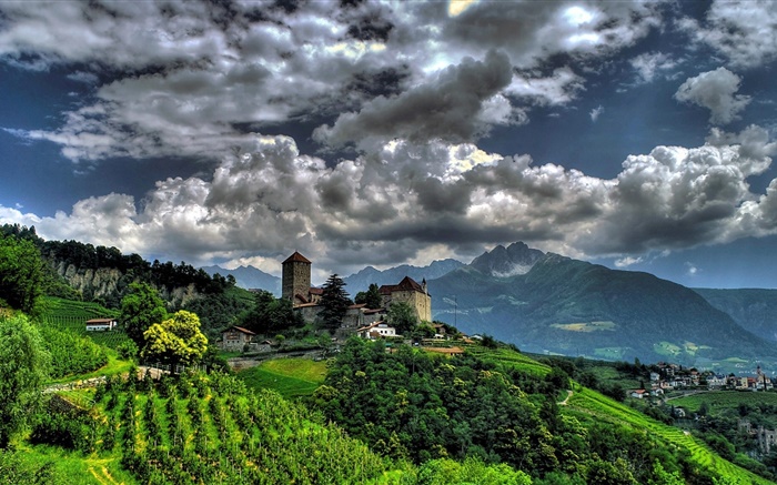 Tirolo, Italy, village, houses, trees, mountains, clouds Wallpapers Pictures Photos Images