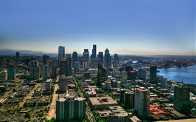 Top view the city, buildings, coast, road HD wallpaper