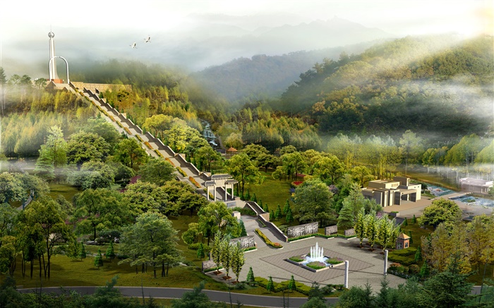 Top view the park, stairs, gates, trees, fog, 3D design Wallpapers Pictures Photos Images