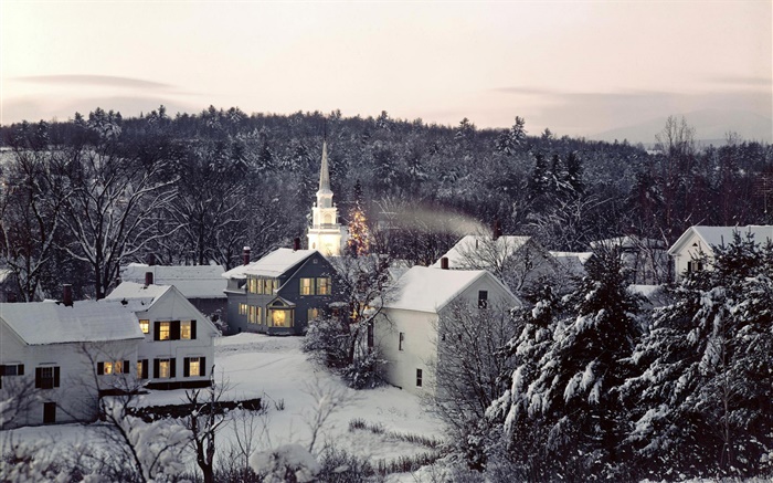 Town in the winter, houses, thick snowy, evening, lights Wallpapers Pictures Photos Images
