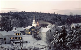 Town in the winter, houses, thick snowy, evening, lights
