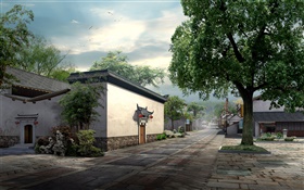 Town, trees, road, houses, 3D design HD wallpaper
