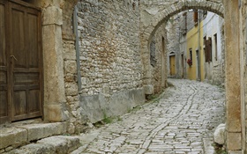 Town, village, rocks road HD wallpaper