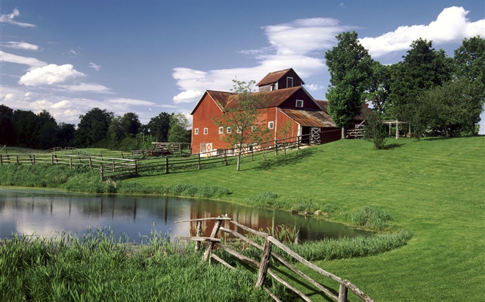 Town, wood house, pond, grass, fence, trees, clouds Wallpapers Pictures Photos Images
