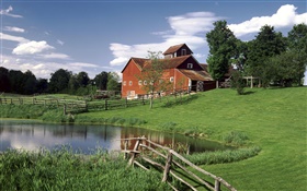 Town, wood house, pond, grass, fence, trees, clouds HD wallpaper