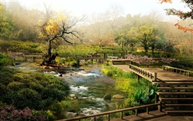 Trees, creek, wooden path, park, 3D design pictures HD wallpaper