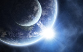 Two planets, space, bright, blue HD wallpaper