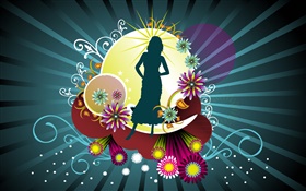 Vector design, girl, flowers, stripes background HD wallpaper