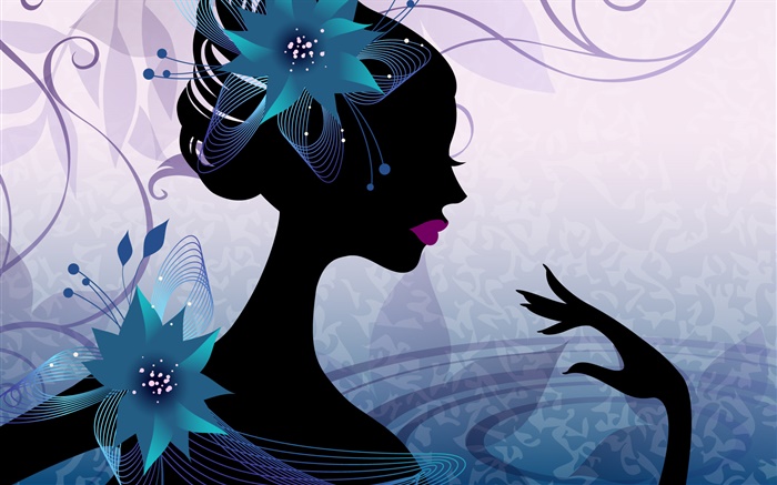 Vector design, girl, left view, flowers, blue background Wallpapers Pictures Photos Images