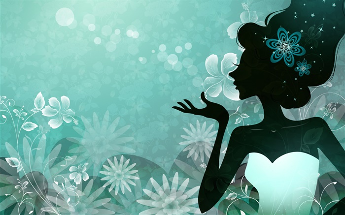 Vector girl, blue background, flowers, stars Wallpapers Pictures Photos Images