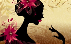 Vector girl, left view, flowers, orange background HD wallpaper