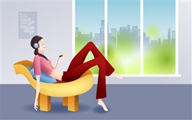 Vector girl listening music, chair, night HD wallpaper