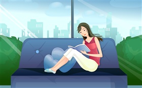 Vector girl, red dress, reading book on sofa HD wallpaper