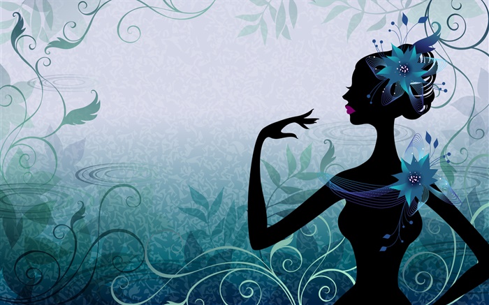 Vector girl, right view, design, flowers, blue background Wallpapers Pictures Photos Images