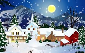 Vector pictures, thick snow, house, moon, Christmas HD wallpaper