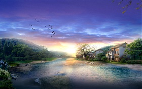 Village, river, trees, birds, sunset, clouds, 3D render design HD wallpaper