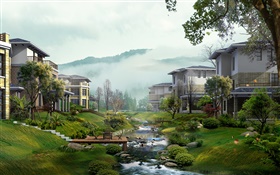 Villas, creek, trees, fog, 3D render design HD wallpaper