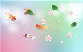 Water, goldfish, leaves, flowers, vector design HD wallpaper