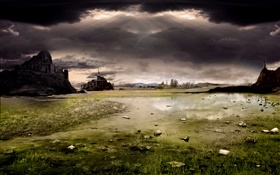 Water, grass, ground, castle, clouds HD wallpaper