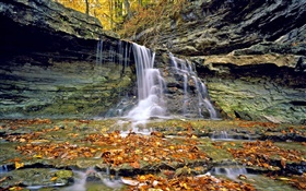 Waterfalls, rocks, red leaves, autumn HD wallpaper