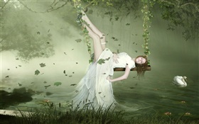 White dress fantasy girl lying on the swing, swan, lake, leaves