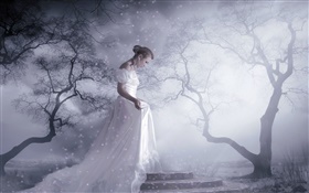 White dress fantasy girl, trees, snow, light rays HD wallpaper