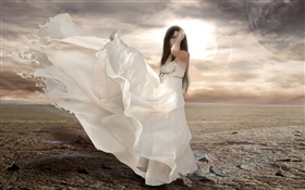 White dress fantasy girl, wind, sun HD wallpaper