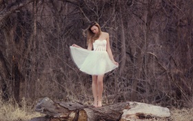 White dress girl, forest, lonely HD wallpaper