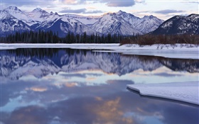Winter, snow, mountains, trees, lake, water reflection HD wallpaper