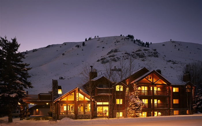 Winter, snow, night, house, trees, mountains, lights Wallpapers Pictures Photos Images