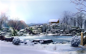 Winter, thick snow, stones, trees, pond, 3D render pictures