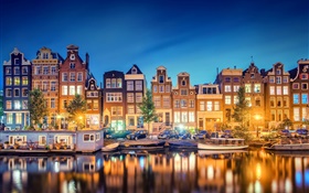 Amsterdam, Nederland, city, evening, river, houses, lights