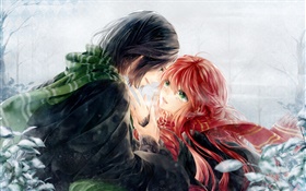 Art anime, lovers, red hair girl and short hair boy HD wallpaper