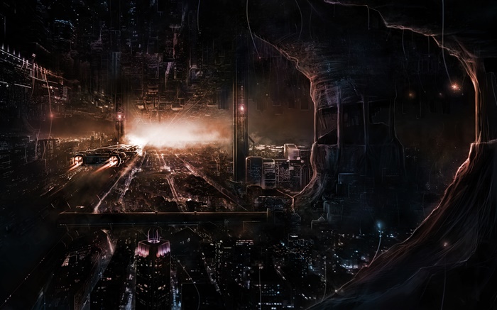 Art design, future city, night, lights, house, ship Wallpapers Pictures Photos Images