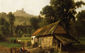 Art painting, countryside, house, wagon, trees, mountain HD wallpaper