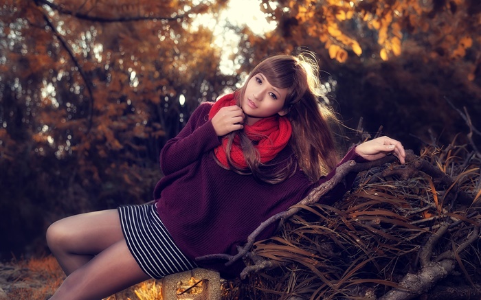 Asian girl, posture, red scarf, spring Wallpapers Pictures Photos Images