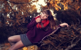 Asian girl, posture, red scarf, spring HD wallpaper