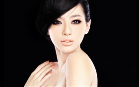 Asian model girl, face, eyes, hands, black background HD wallpaper