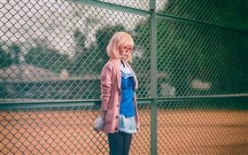 Asian school girl, glasses, pink clothes, fence