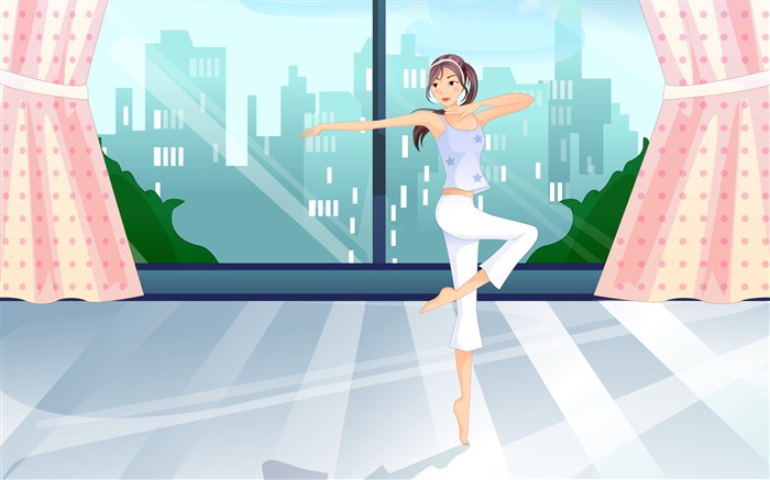 Asian young girl dance, room, window, vector pictures Wallpapers Pictures Photos Images