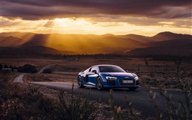 Audi R8 V10 blue car, sunset, clouds