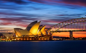 Australia, Sydney Opera House, bridge, evening, lights, sea HD wallpaper