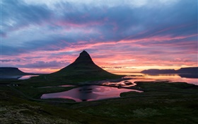 Beautiful Iceland sunrise, Kirkjufell, mountain, valley, clouds HD wallpaper